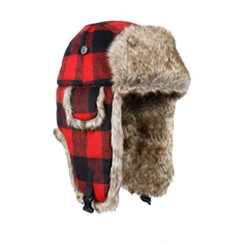 Red/Black Plaid Wool Bomber with Faux Brown Fur