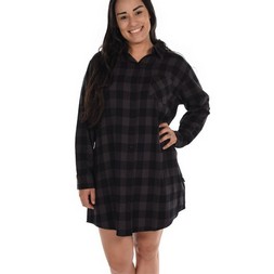 Lazy One - Grey Plaid Flannel Button Nightshirt