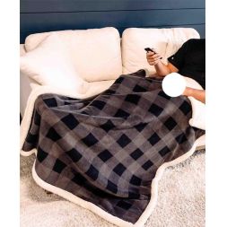 Grey Plaid Sherpa Throw Blanket